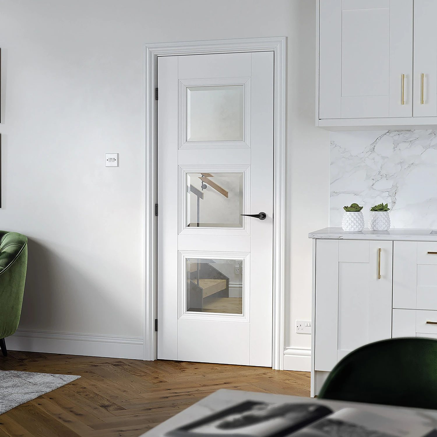 Amsterdam 3-Light Primed Plus Glazed Internal Door White 2 Amsterdam 3-Light Primed Plus Glazed Internal Door White - Image 2